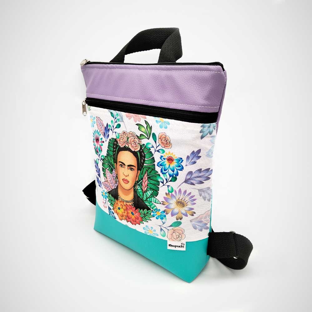 Mochila de Frida Kahlo en turquesa y lila